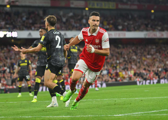 Gabriel Martinelli pictured after scoring Arsenal's winning goal in a 2-1 victory over Aston Villa in August 2022